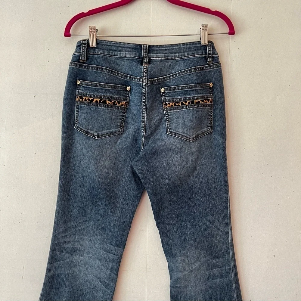 Cache Mid-Rise Animal Print Trimmed Boot Cut Jeans Size 6